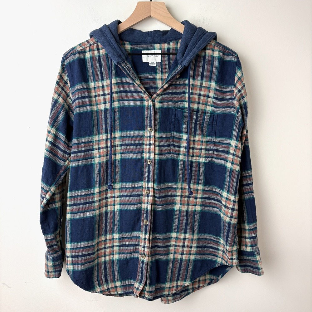 American Eagle Plaid Hooded Flannel Shirt Small Blue Grunge Skater Indie Cozy